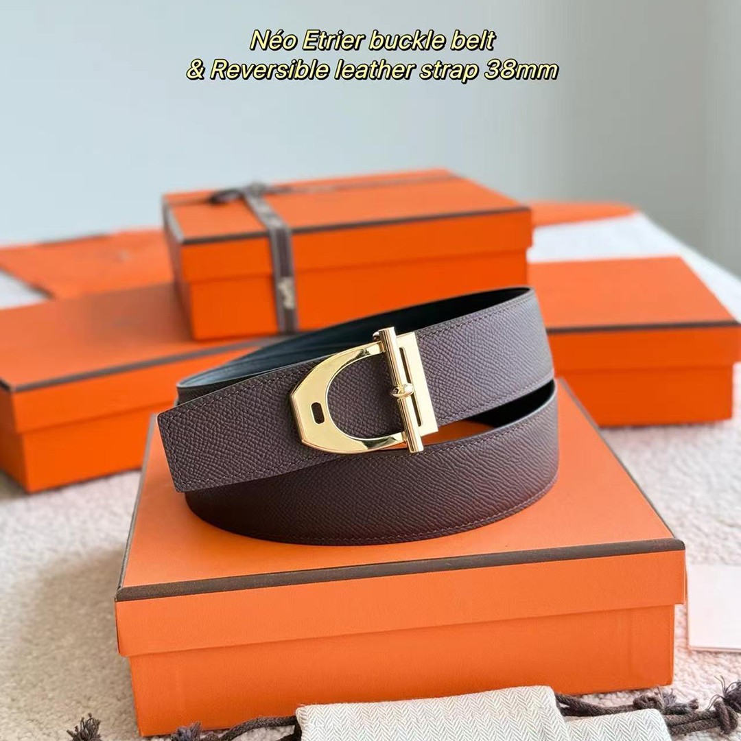 Hermes Neo Etrier Belt Buckle & Reversible Leather Strap 38 mm Epsom Calfskin Permabrass Buckle Yellow Gold Noir Chocolat - Image 8