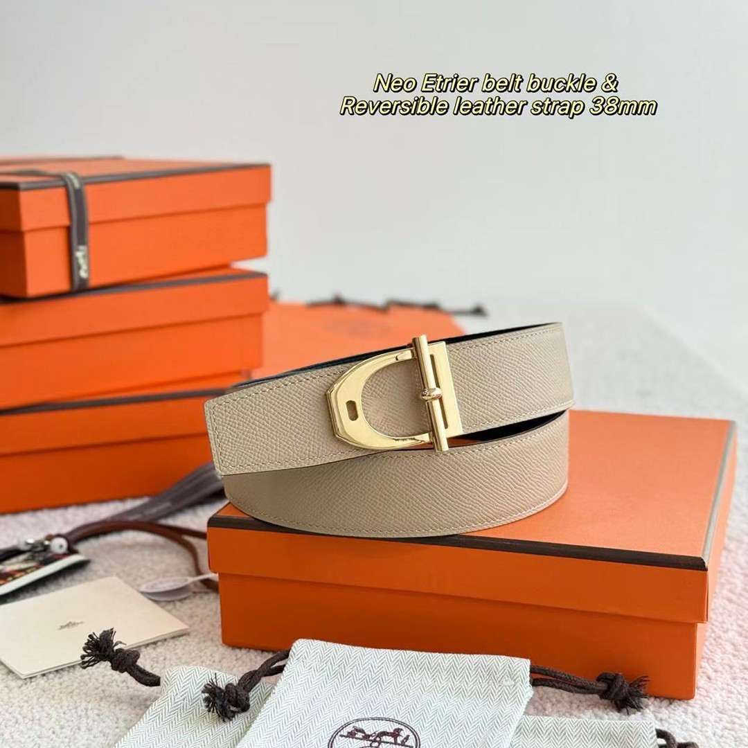 Hermes Neo Etrier Belt Buckle & Reversible Leather Strap 38 mm Epsom Calfskin Permabrass Buckle Yellow Gold Noir Gris Trench