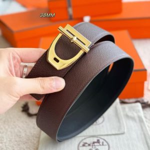Hermes Neo Etrier Belt Buckle & Reversible Leather Strap 38 mm Epsom Calfskin Permabrass Buckle Yellow Gold Noir Chocolat - Image 7