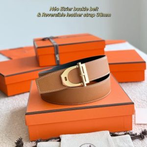 Hermes Neo Etrier Belt Buckle & Reversible Leather Strap 38 mm Epsom Calfskin Permabrass Buckle Yellow Gold Noir Gold
