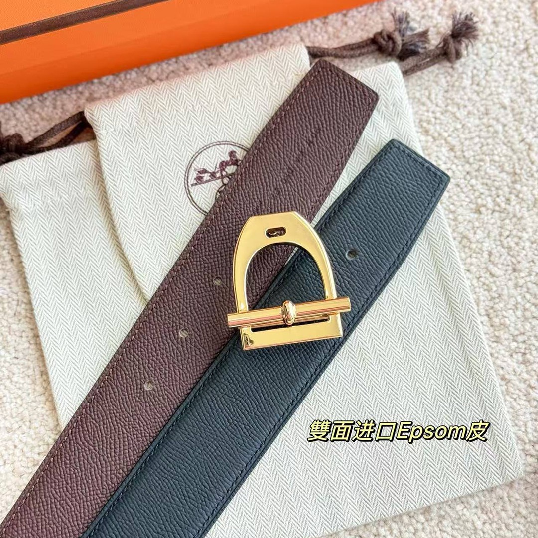 Hermes Neo Etrier Belt Buckle & Reversible Leather Strap 38 mm Epsom Calfskin Permabrass Buckle Yellow Gold Noir Chocolat - Image 6