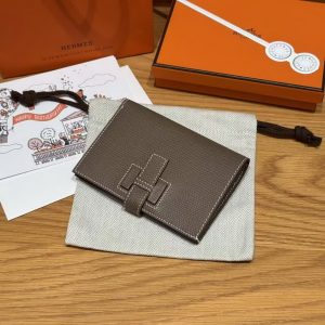 Hermes New H Passant Compact Wallet Handmade In Epsom Calfskin Leather 18 Etoupe - Image 8