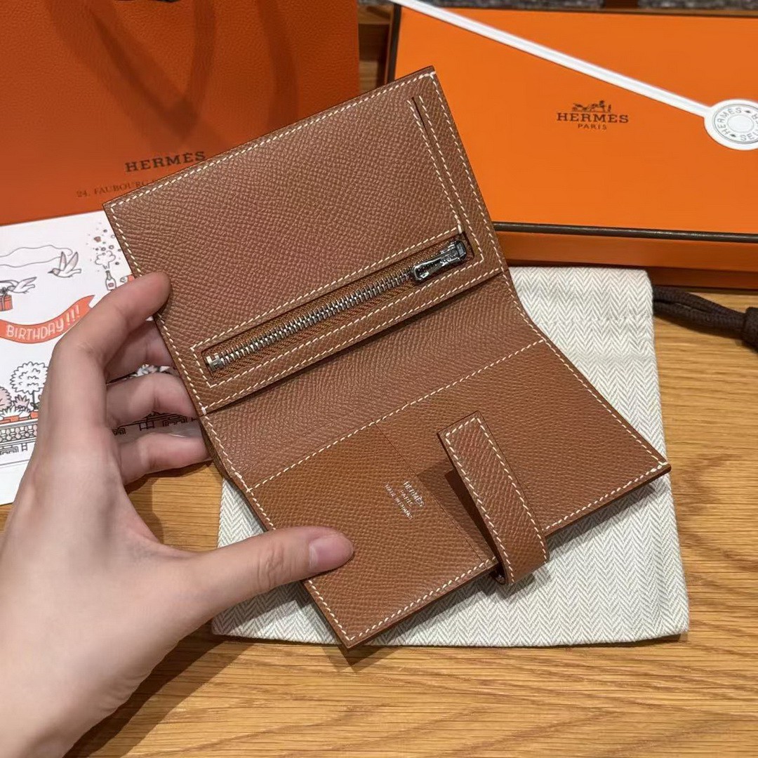 Hermes New H Passant Compact Wallet Handmade In Epsom Calfskin Leather 37 Gold - Image 9