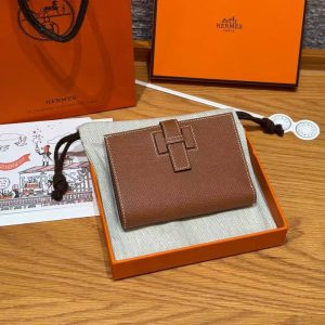 Hermes New H Passant Compact Wallet Handmade In Epsom Calfskin Leather 37 Gold