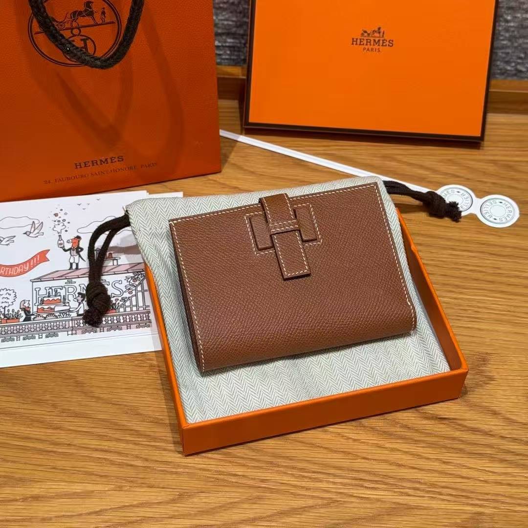 Hermes New H Passant Compact Wallet Handmade In Epsom Calfskin Leather 37 Gold