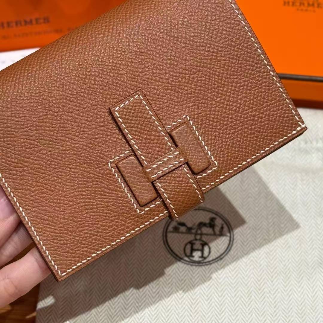 Hermes New H Passant Compact Wallet Handmade In Epsom Calfskin Leather 37 Gold - Image 7