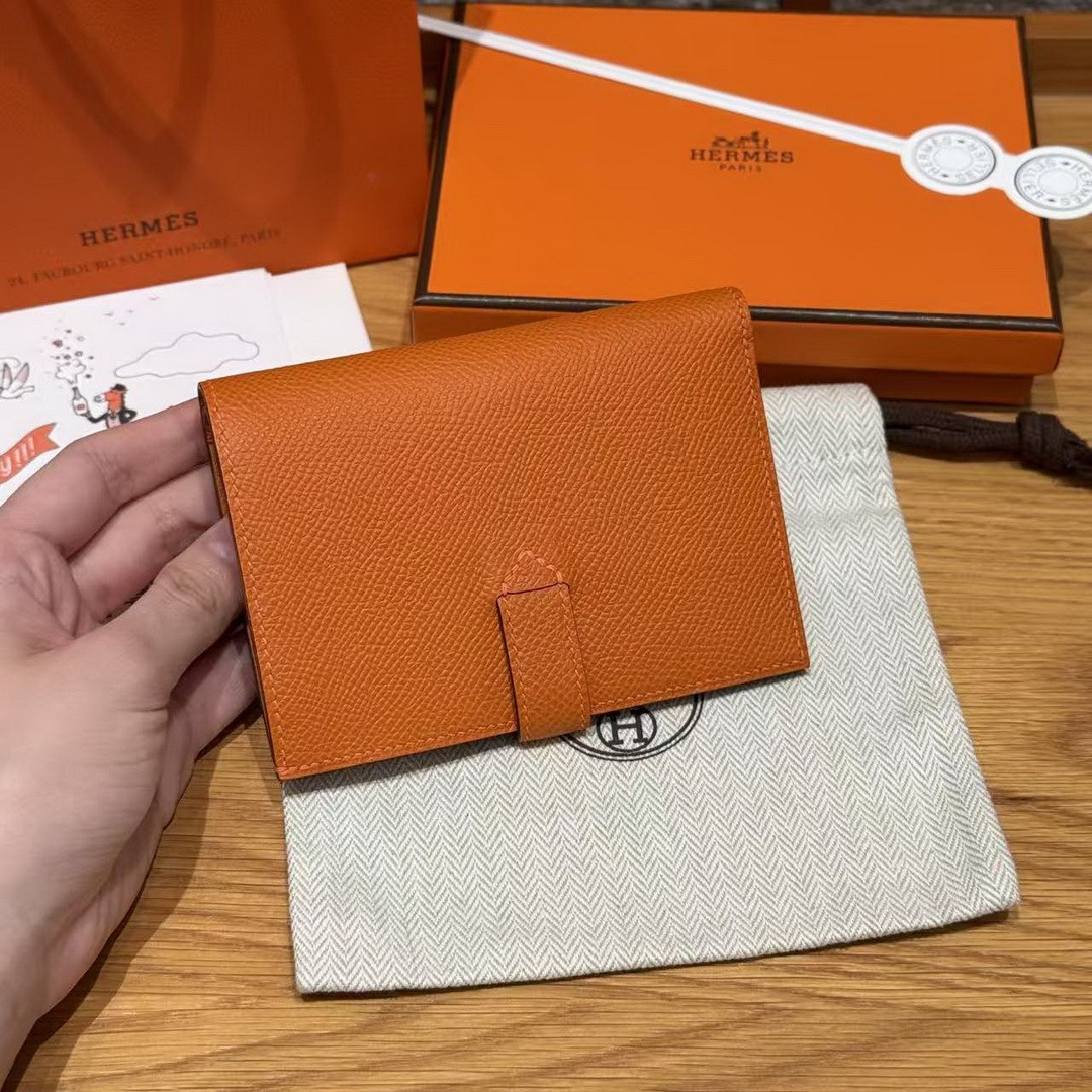 Hermes New H Passant Compact Wallet Handmade In Epsom Calfskin Leather 93 Orange - Image 16