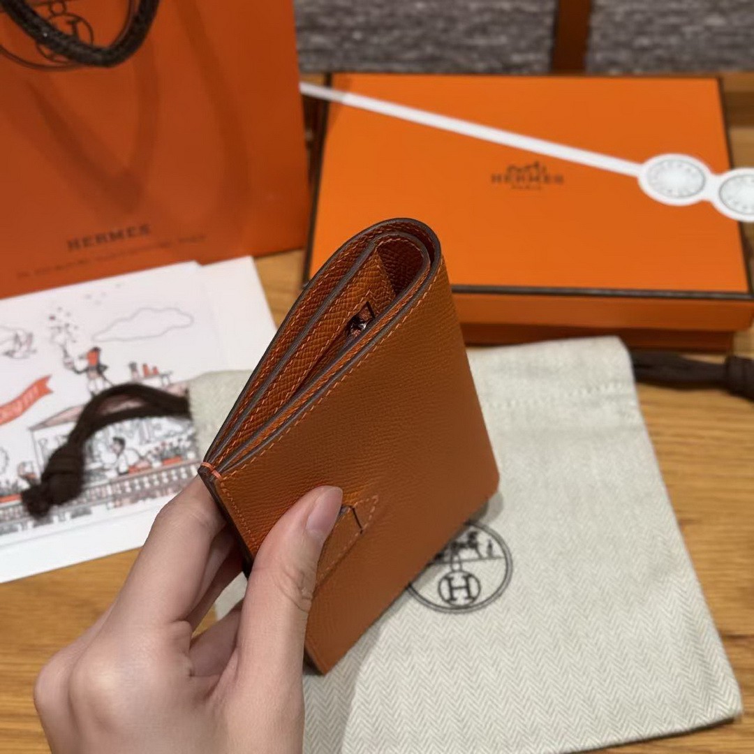 Hermes New H Passant Compact Wallet Handmade In Epsom Calfskin Leather 93 Orange - Image 15