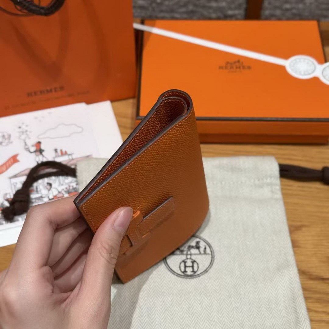Hermes New H Passant Compact Wallet Handmade In Epsom Calfskin Leather 93 Orange - Image 14