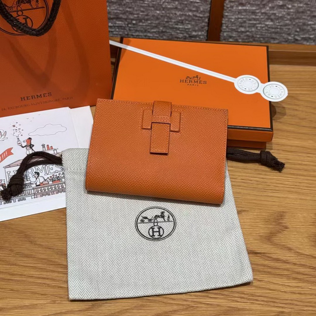 Hermes New H Passant Compact Wallet Handmade In Epsom Calfskin Leather 93 Orange