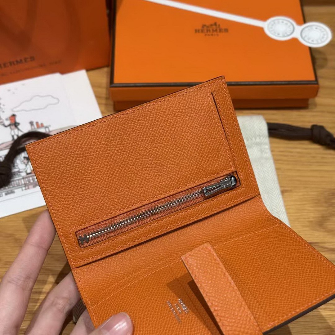Hermes New H Passant Compact Wallet Handmade In Epsom Calfskin Leather 93 Orange - Image 5