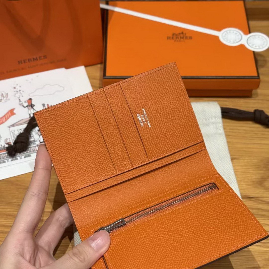 Hermes New H Passant Compact Wallet Handmade In Epsom Calfskin Leather 93 Orange - Image 4