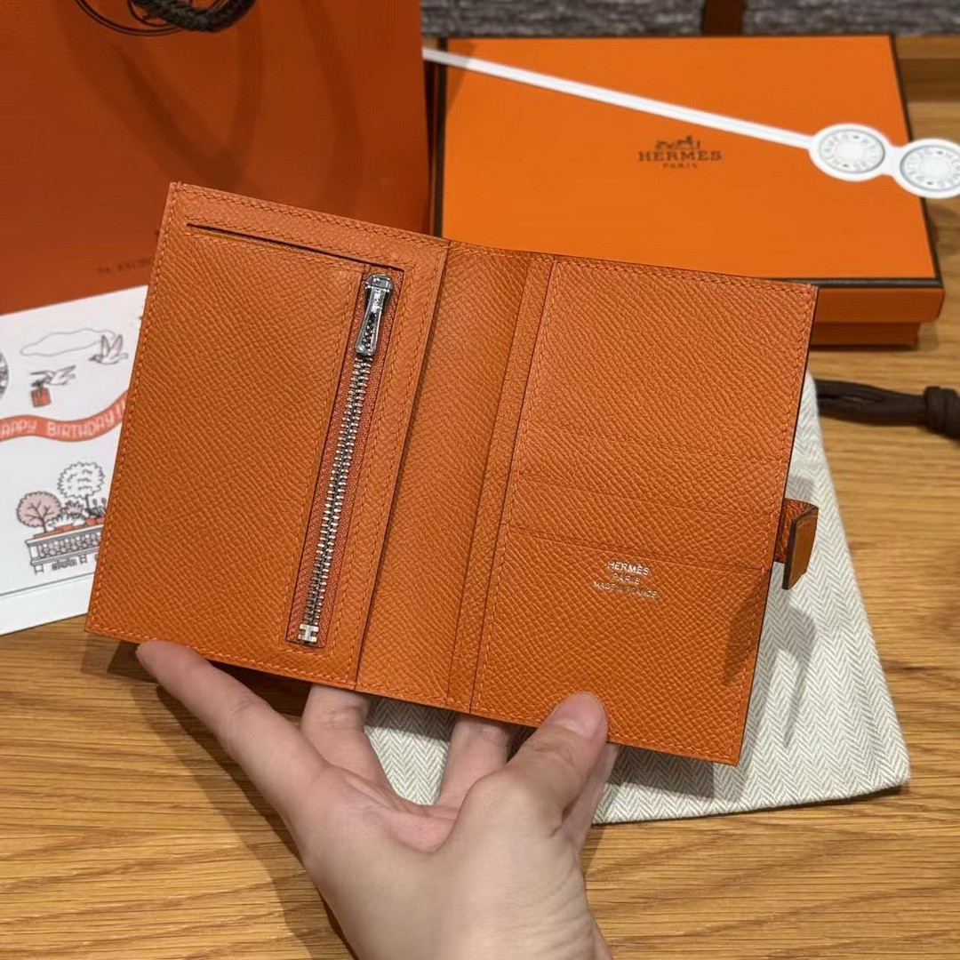 Hermes New H Passant Compact Wallet Handmade In Epsom Calfskin Leather 93 Orange - Image 3