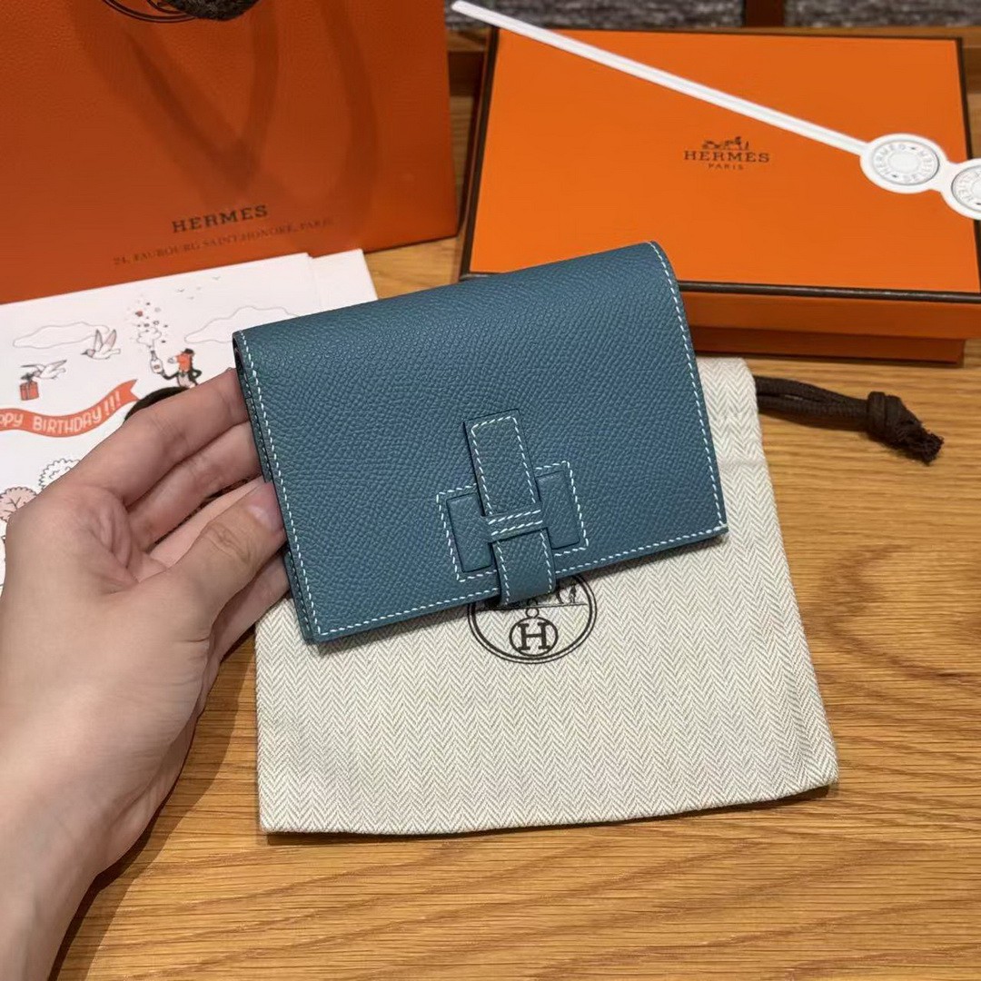 Hermes New H Passant Compact Wallet Handmade In Epsom Calfskin Leather D2 New Blue Jean - Image 2