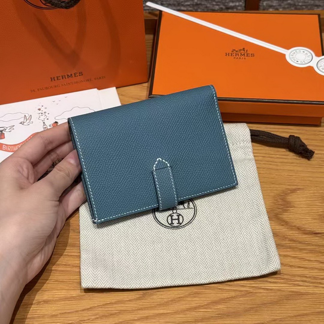 Hermes New H Passant Compact Wallet Handmade In Epsom Calfskin Leather D2 New Blue Jean - Image 15
