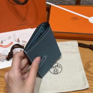 Hermes New H Passant Compact Wallet Handmade In Epsom Calfskin Leather D2 New Blue Jean - Image 14