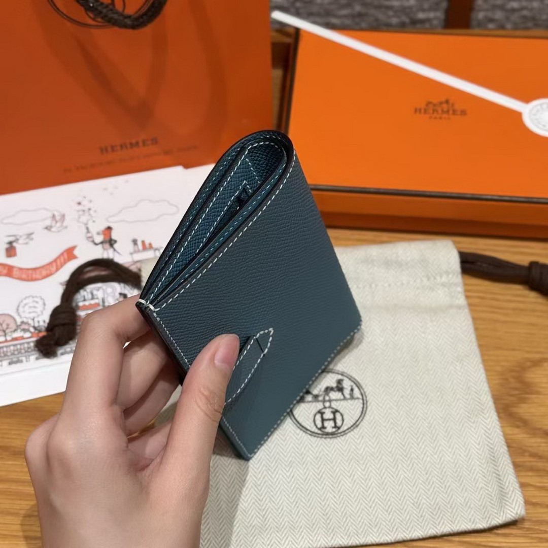 Hermes New H Passant Compact Wallet Handmade In Epsom Calfskin Leather D2 New Blue Jean - Image 14