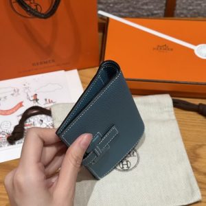 Hermes New H Passant Compact Wallet Handmade In Epsom Calfskin Leather D2 New Blue Jean - Image 13