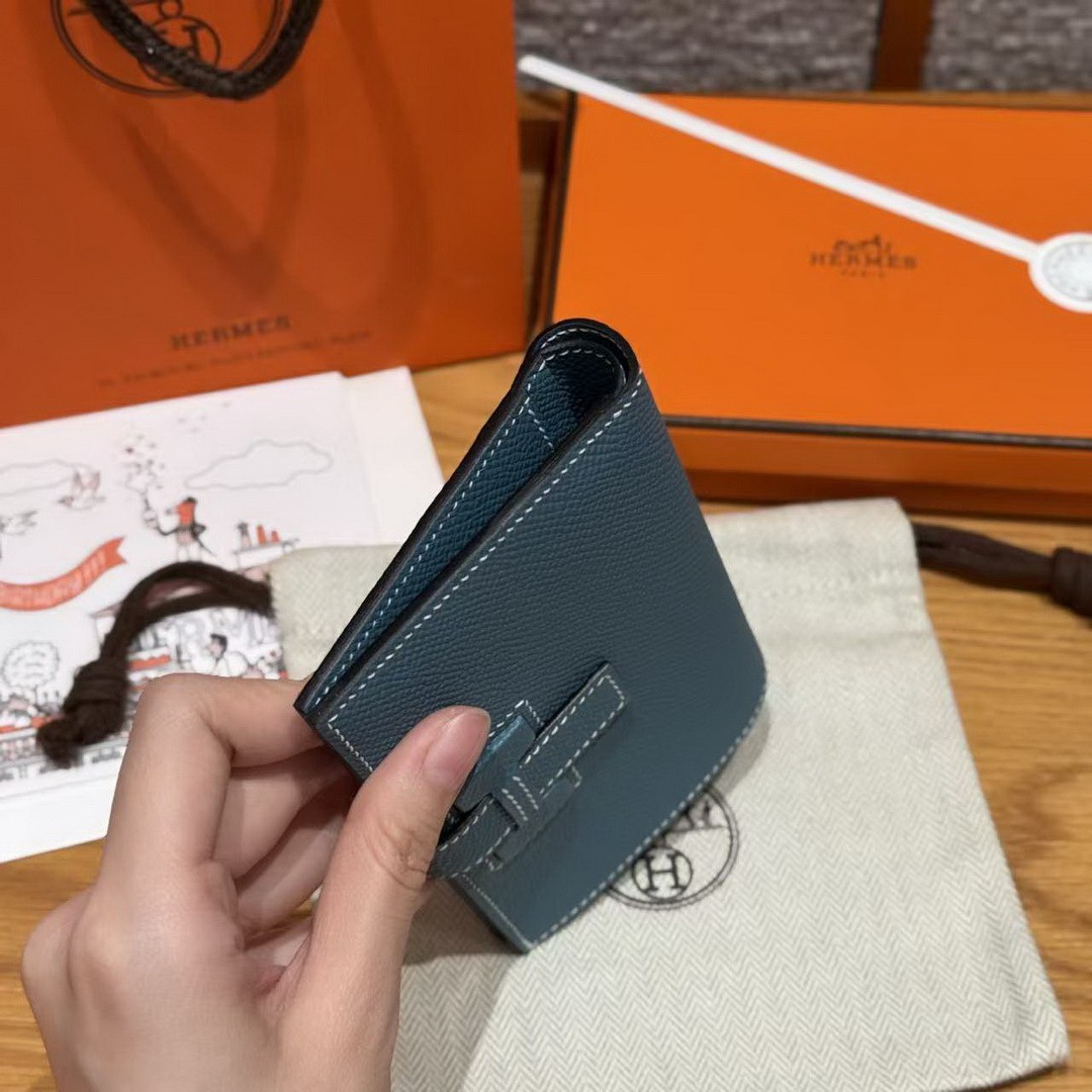 Hermes New H Passant Compact Wallet Handmade In Epsom Calfskin Leather D2 New Blue Jean - Image 13