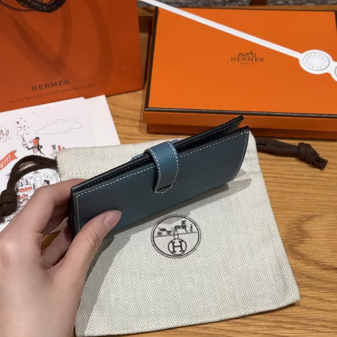 Hermes New H Passant Compact Wallet Handmade In Epsom Calfskin Leather D2 New Blue Jean - Image 12