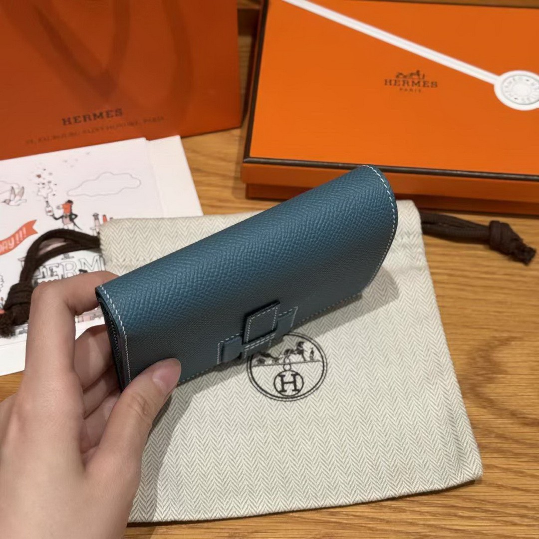 Hermes New H Passant Compact Wallet Handmade In Epsom Calfskin Leather D2 New Blue Jean - Image 11