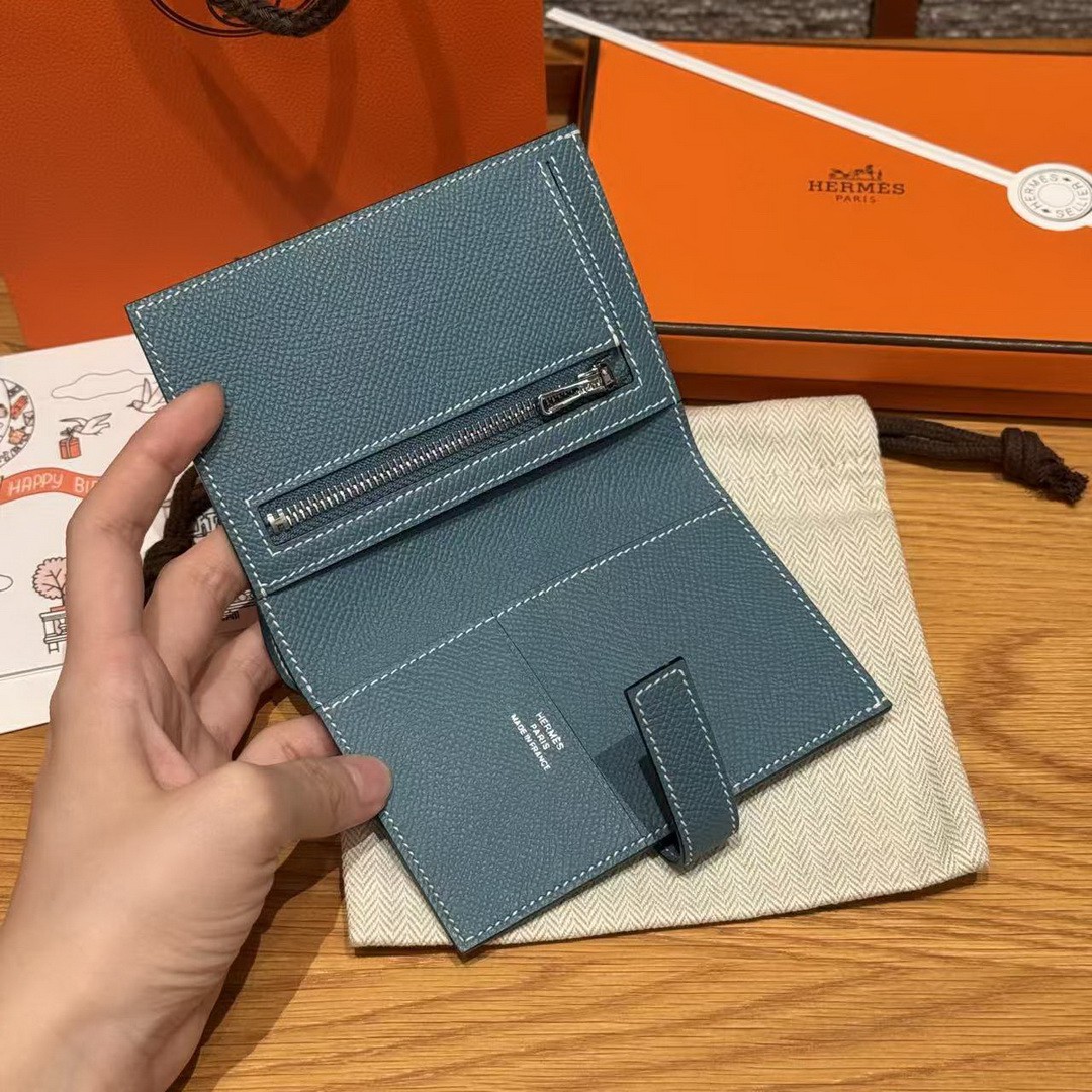 Hermes New H Passant Compact Wallet Handmade In Epsom Calfskin Leather D2 New Blue Jean - Image 10