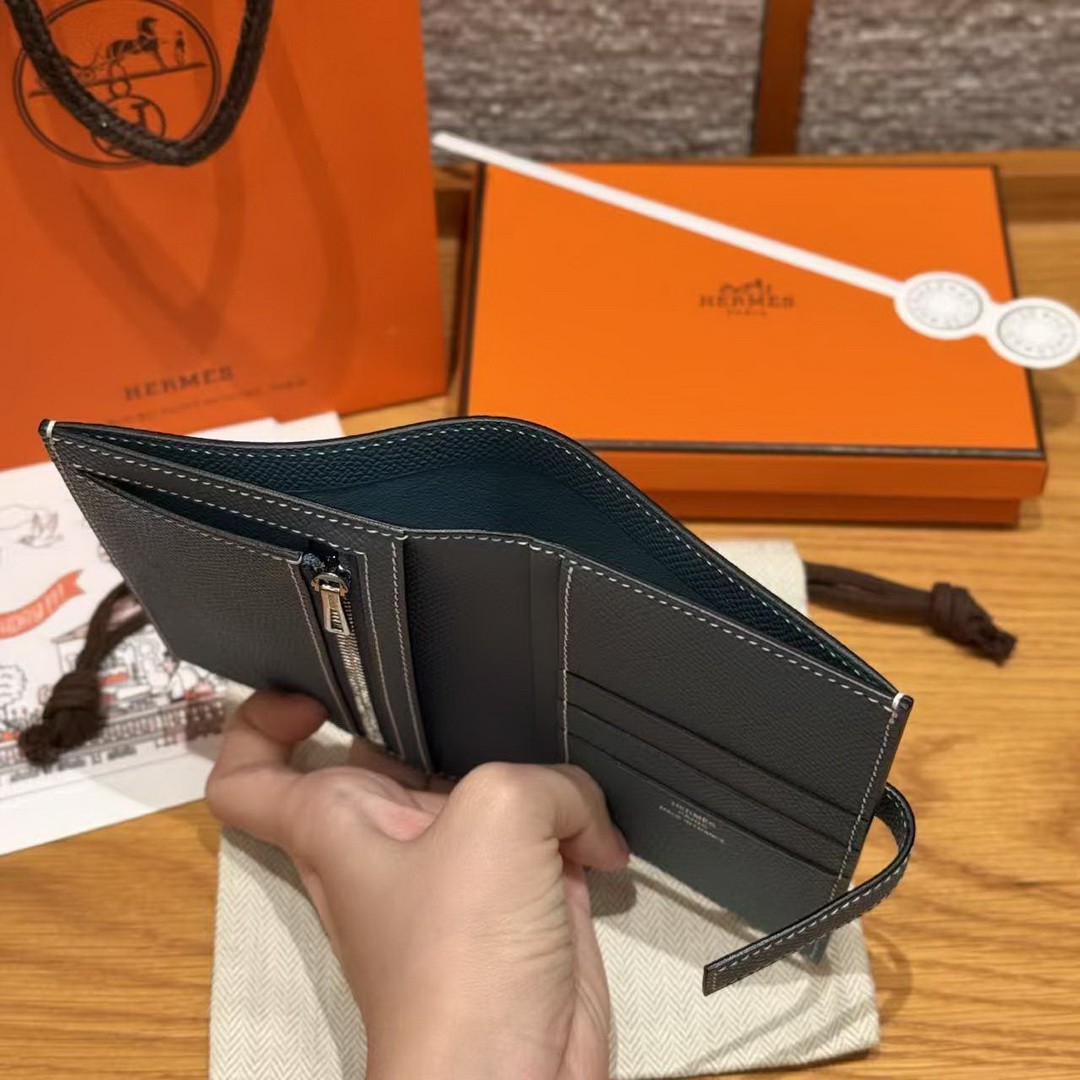 Hermes New H Passant Compact Wallet Handmade In Epsom Calfskin Leather D2 New Blue Jean - Image 9