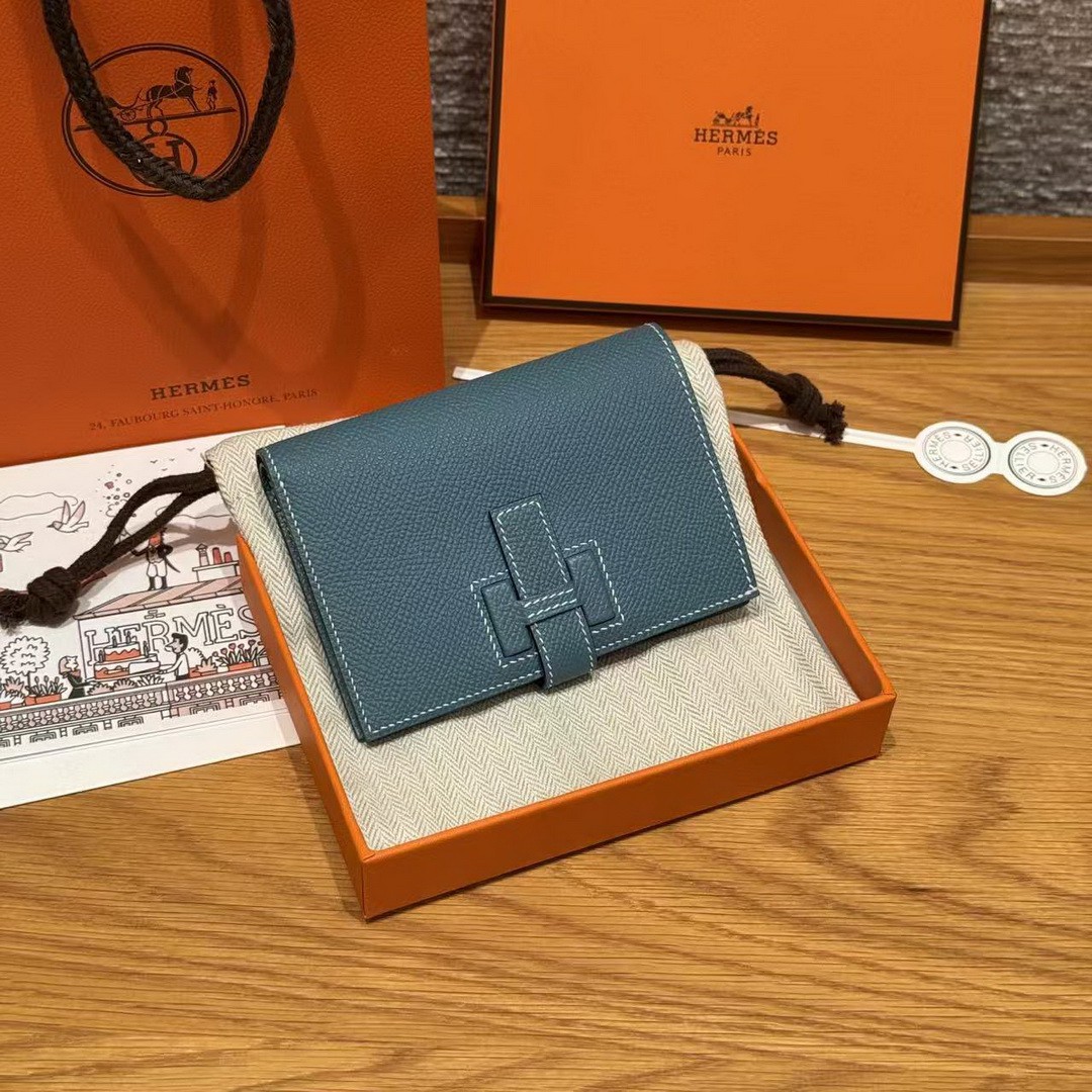 Hermes New H Passant Compact Wallet Handmade In Epsom Calfskin Leather D2 New Blue Jean