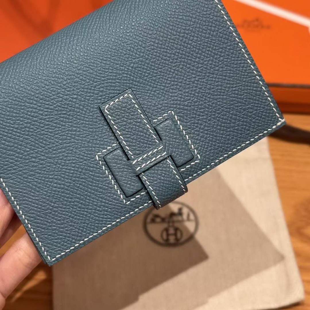 Hermes New H Passant Compact Wallet Handmade In Epsom Calfskin Leather D2 New Blue Jean - Image 7