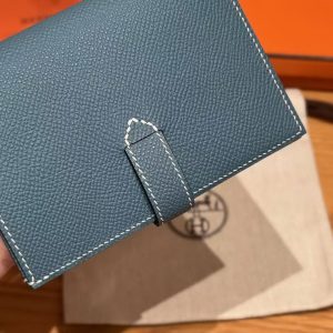 Hermes New H Passant Compact Wallet Handmade In Epsom Calfskin Leather D2 New Blue Jean - Image 6