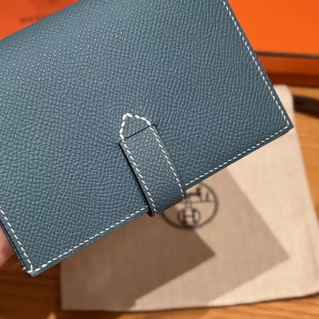 Hermes New H Passant Compact Wallet Handmade In Epsom Calfskin Leather D2 New Blue Jean - Image 6