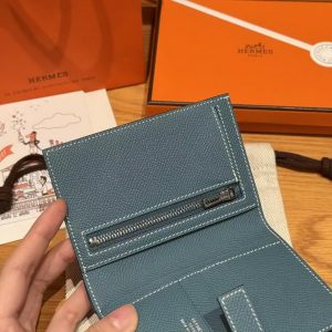 Hermes New H Passant Compact Wallet Handmade In Epsom Calfskin Leather D2 New Blue Jean - Image 5