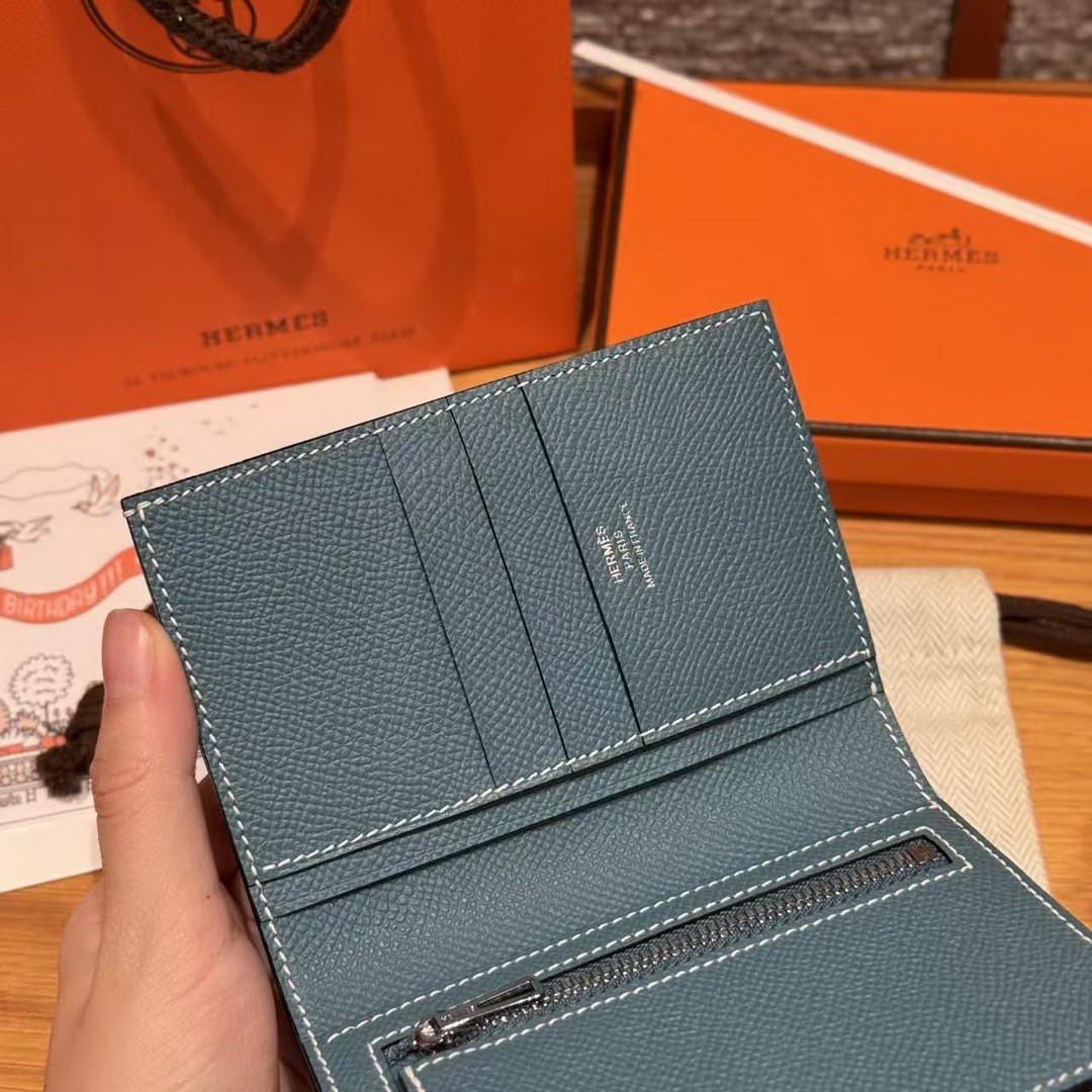 Hermes New H Passant Compact Wallet Handmade In Epsom Calfskin Leather D2 New Blue Jean - Image 4