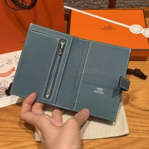 Hermes New H Passant Compact Wallet Handmade In Epsom Calfskin Leather D2 New Blue Jean - Image 3