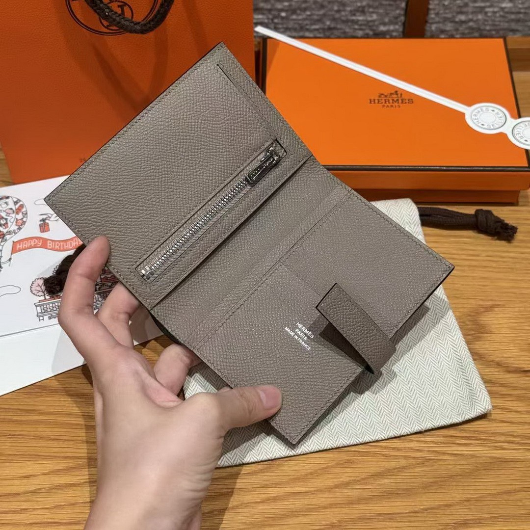 Hermes New H Passant Compact Wallet Handmade In Epsom Calfskin Leather M8 Gris Asphalted - Image 10