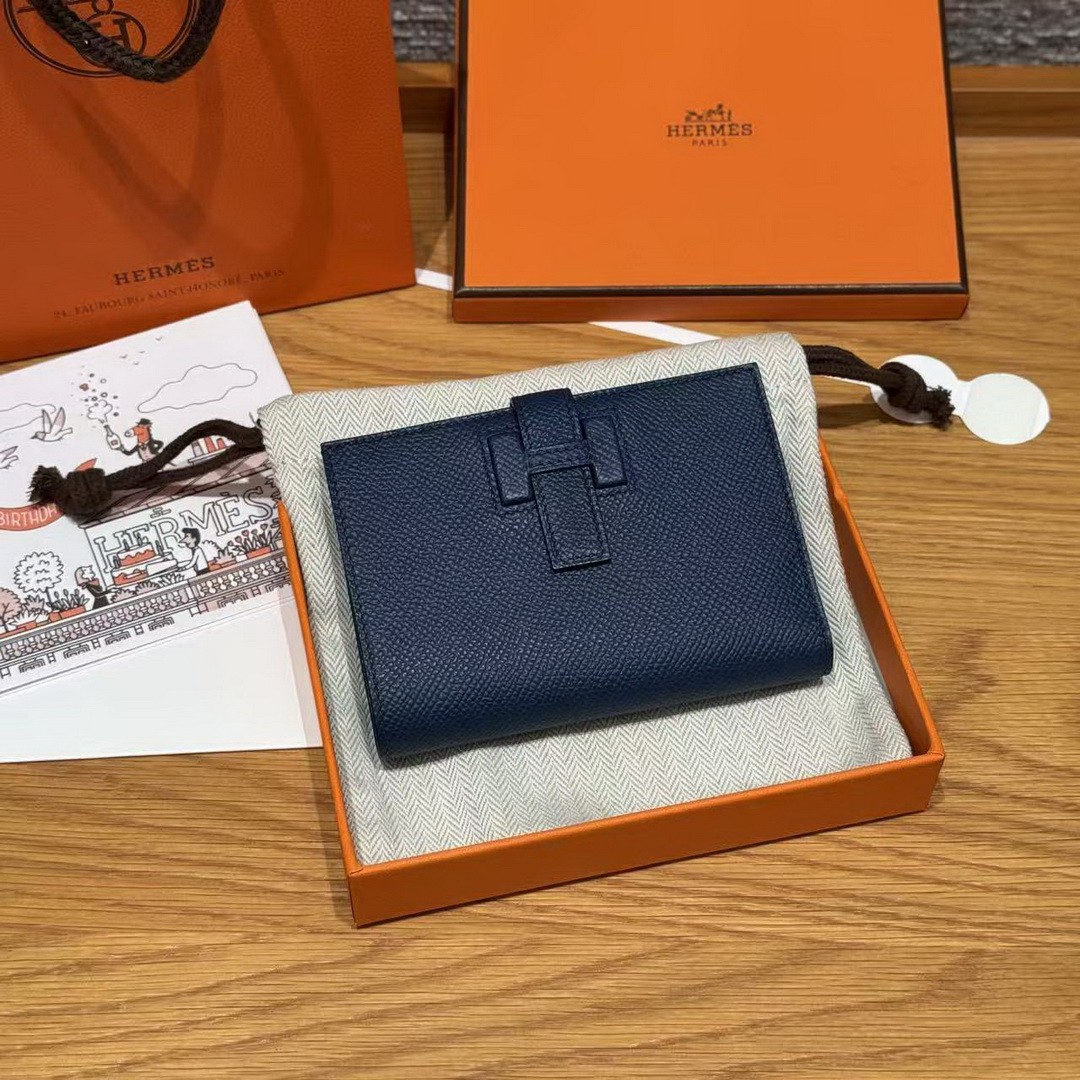 Hermes New H Passant Compact Wallet Handmade In Epsom Calfskin Leather S4 Deep Blue