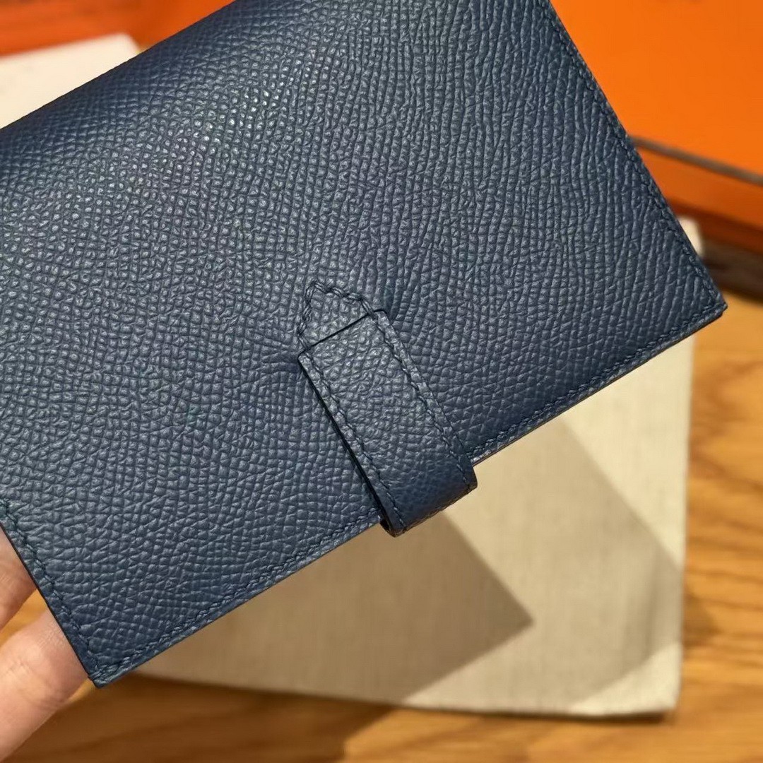 Hermes New H Passant Compact Wallet Handmade In Epsom Calfskin Leather S4 Deep Blue - Image 6