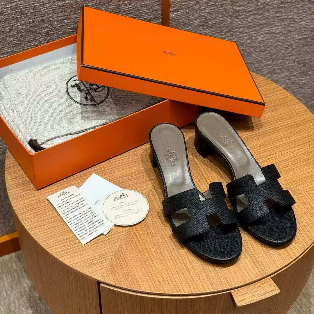 Hermes Oasis Sandal Women High Heel Sandal in Epsom Heritage Calfskin Black Etoupe - Image 6