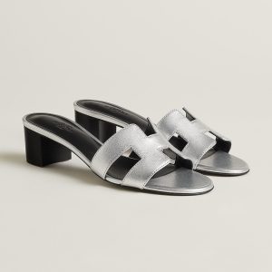 Hermes Oasis Sandal Women High Heel Sandal in Goatskin with Metallic Finish Gris Argenté H261186Z 52350 - Image 4