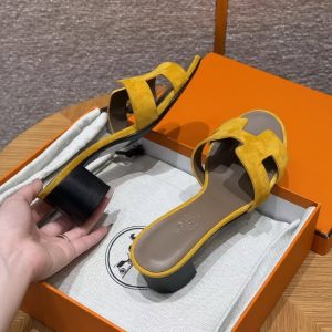Hermes Oasis Sandal Women High Heel Sandal in Suede Goatskin Yellow Jade Yellow - Image 11