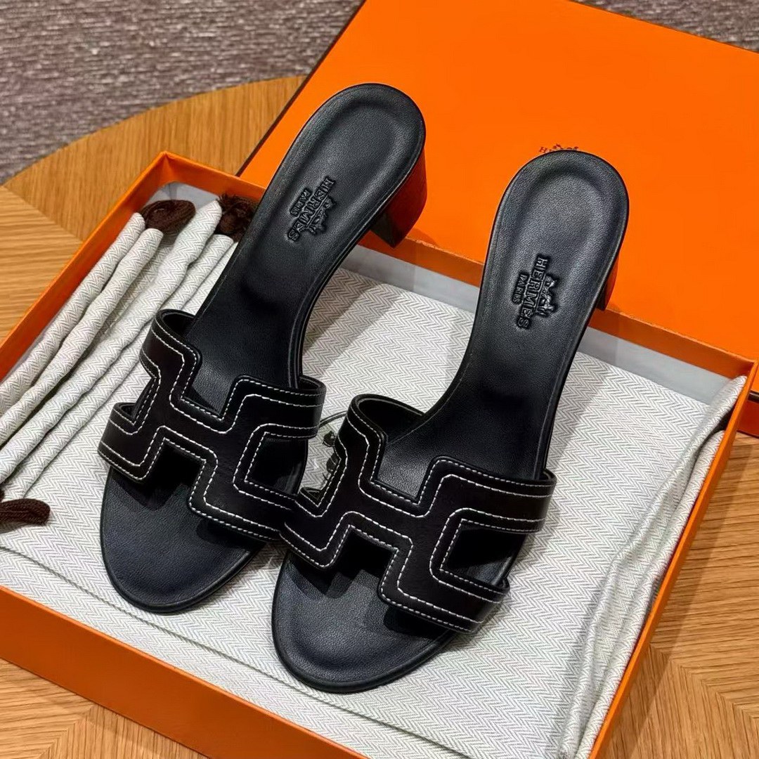 Hermes Oasis Sandal Women High Heel Sandal in Swift Calfskin Noir Blanc