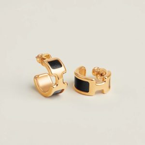 Hermes Olympe Earrings Box Calfskin Yellow Gold Noir H500358FC89