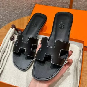 Hermes Oran Sandal Women Box Calfskin Noir H021056Z 01340 - Image 11