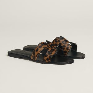 Hermes Oran Sandal Women Moire Calfskin Gold Noir H212177Z 20360 - Image 4