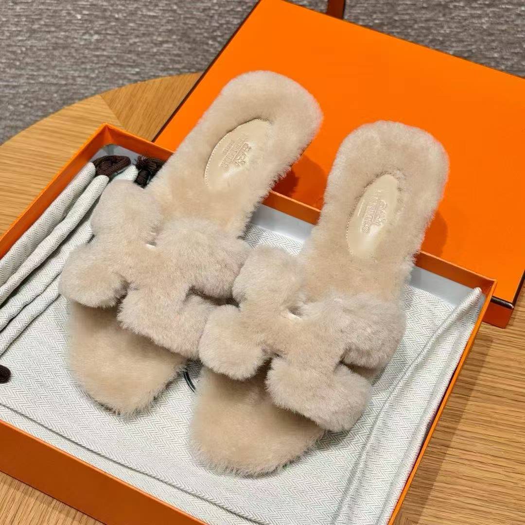Hermes Oran Sandal Women Shearling Beige Camel