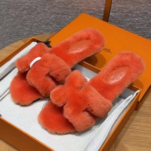 Hermes Oran Sandal Women Shearling Royge De Turin