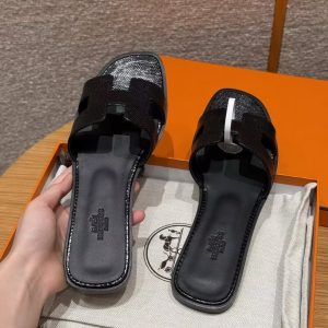 Hermes Oran Sandal Women Shiny Java Lizard Noir - Image 14