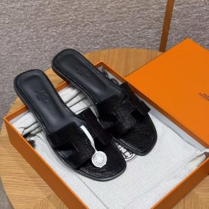 Hermes Oran Sandal Women Shiny Java Lizard Noir - Image 8