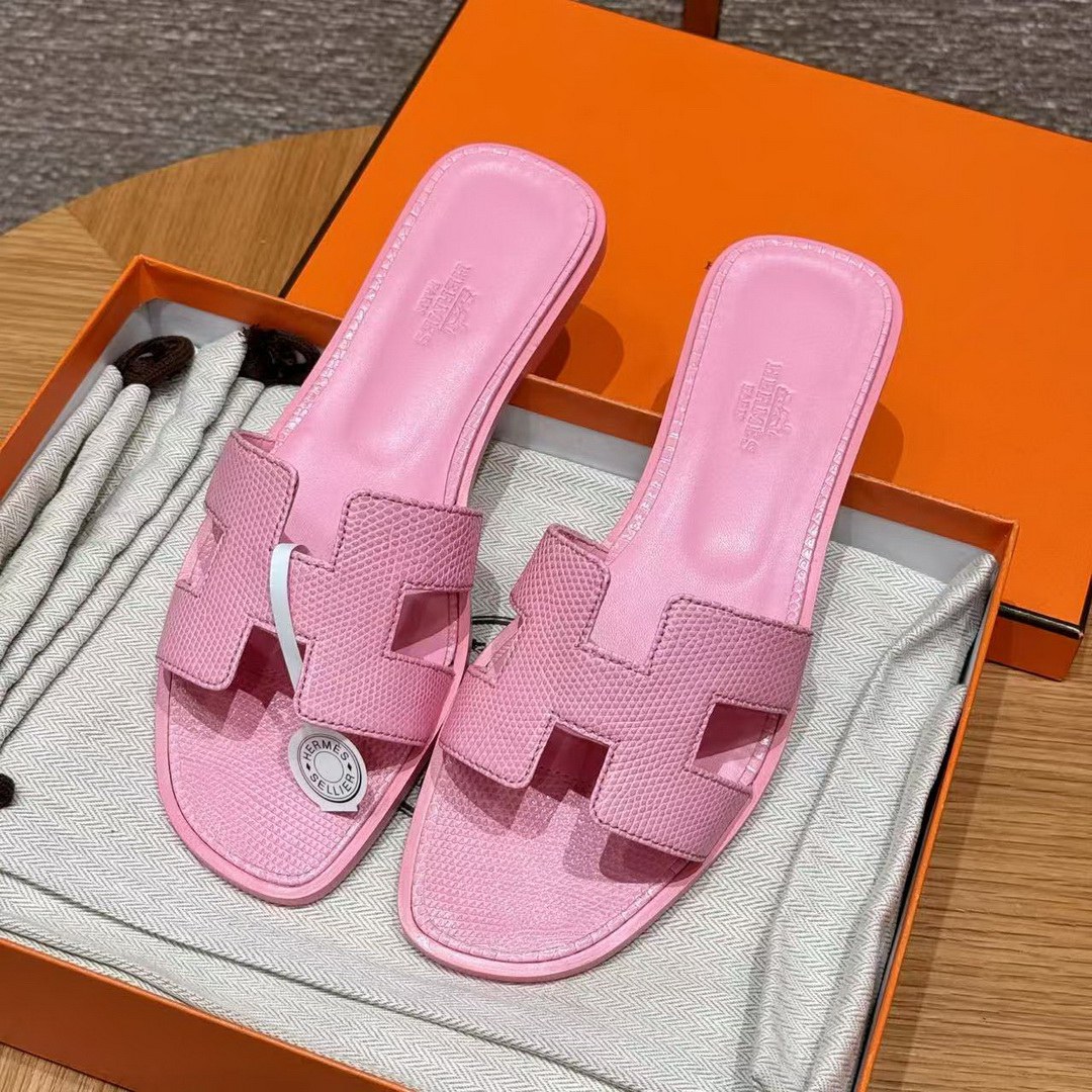 Hermes Oran Sandal Women Shiny Java Lizard Rose Sakura