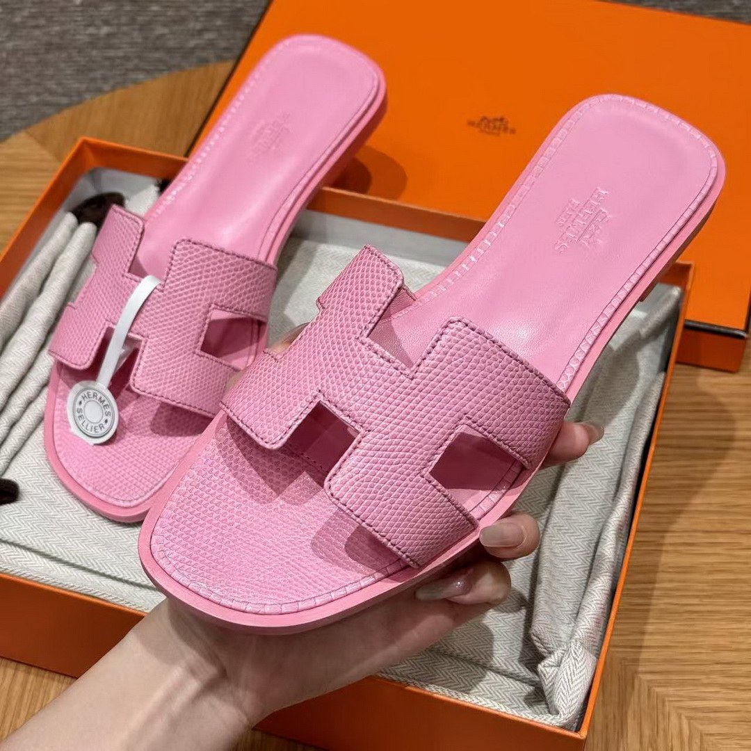 Hermes Oran Sandal Women Shiny Java Lizard Rose Sakura - Image 2